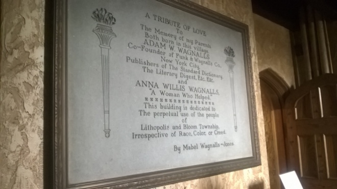 Dedication plaque inside Wagnalls Memorial