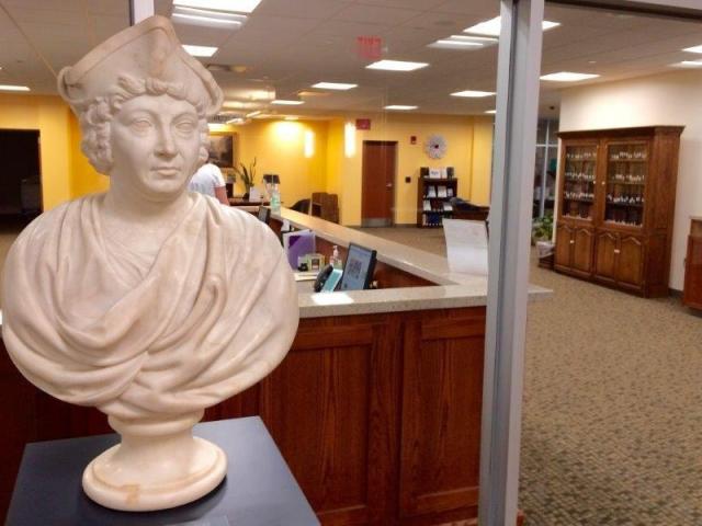 A bust of Christopher Columbus welcomes visitors to the Franklin County Law Library